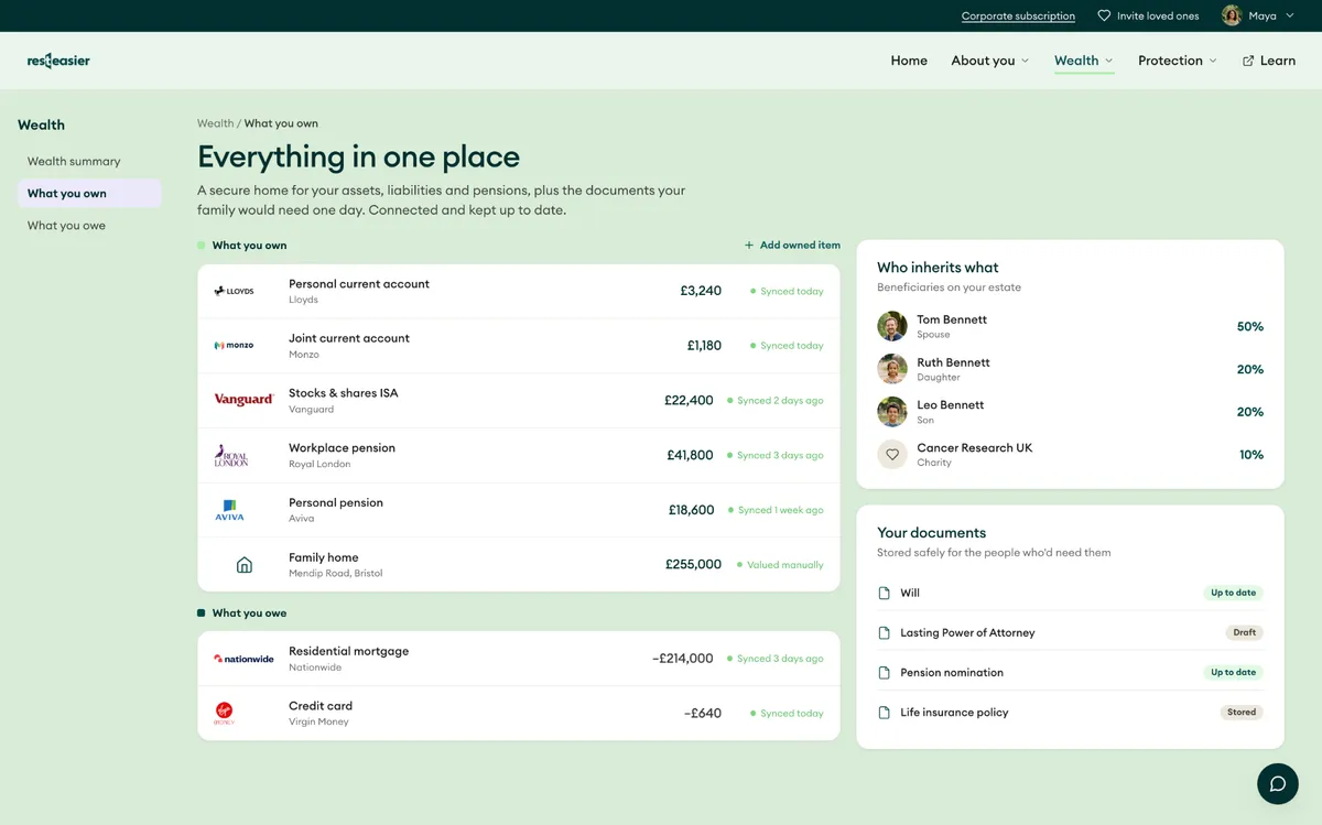 Everything in one place screen listing accounts, pensions, beneficiaries and stored documents.