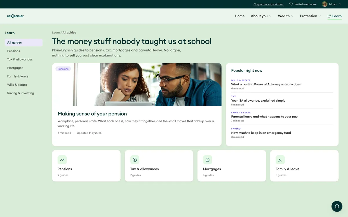 Learn library showing the money guides nobody taught us at school, with popular articles.