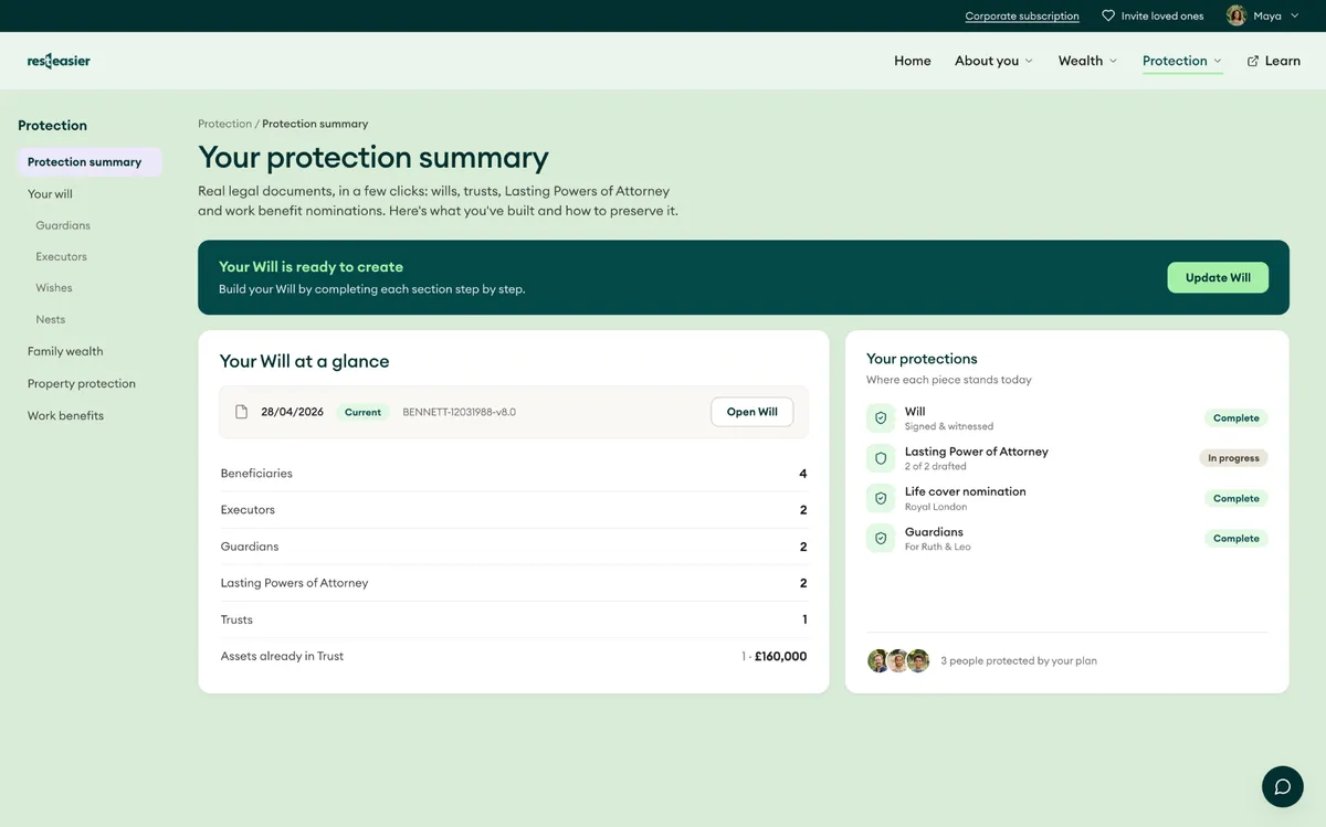 Protection summary screen showing a Will at a glance and Lasting Powers of Attorney progress.